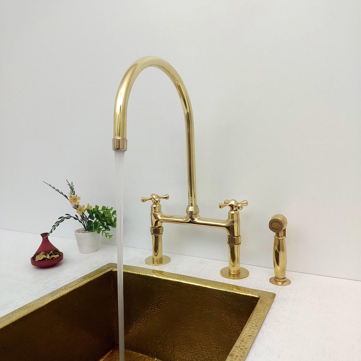 8" Unlacquered Brass Bridge Kitchen Faucet with Sprayer - Ref: APCL-2