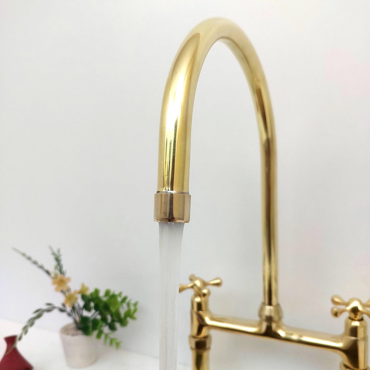 8" Unlacquered Brass Bridge Kitchen Faucet with Sprayer - Ref: APCL-2