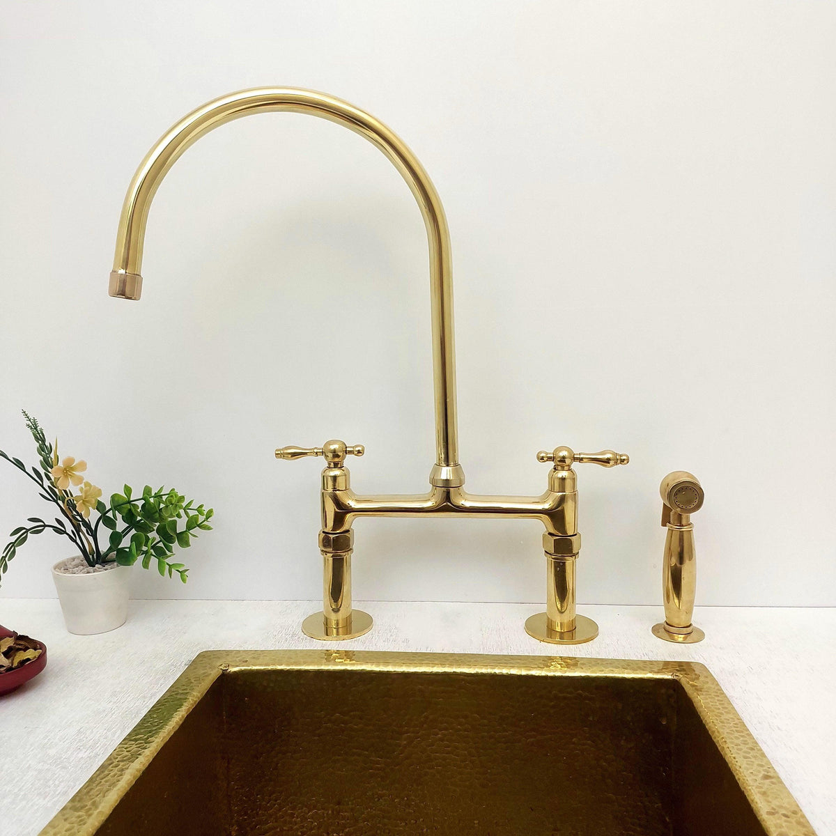 8" Unlacquered Brass Bridge Kitchen Faucet with Sprayer - Ref: APCL-2