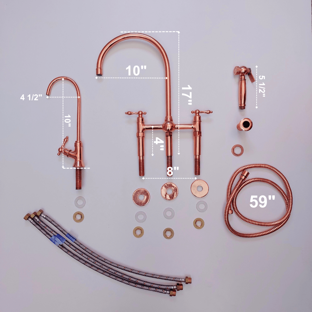 Brass Bridge Faucet with Sprayer and Cold Water Faucet, Polished Copper Finish Kitchen Faucet With Lever Handles - Ref: APLPC-94