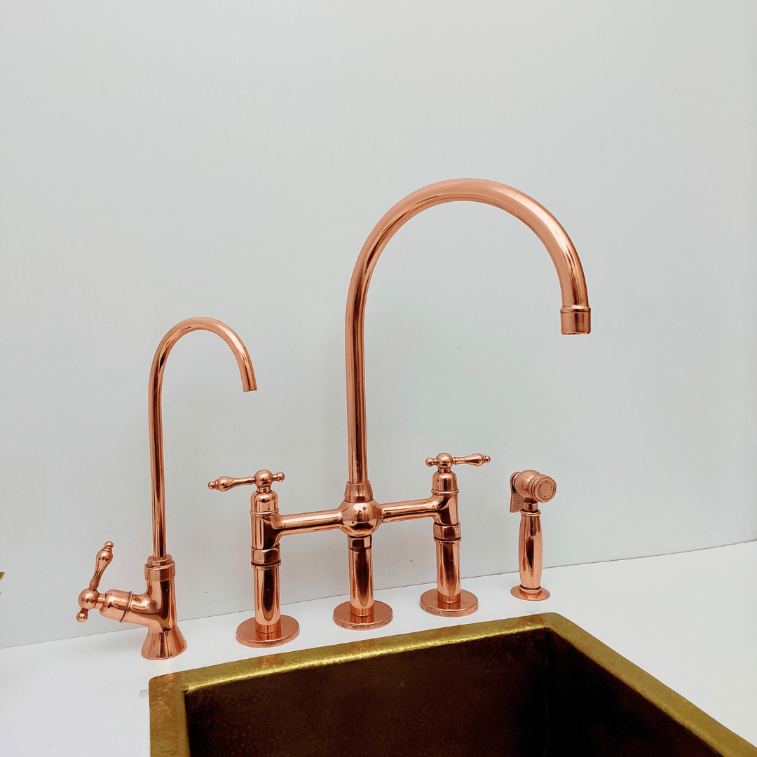 Brass Bridge Faucet with Sprayer and Cold Water Faucet, Polished Copper Finish Kitchen Faucet With Lever Handles - Ref: APLPC-94