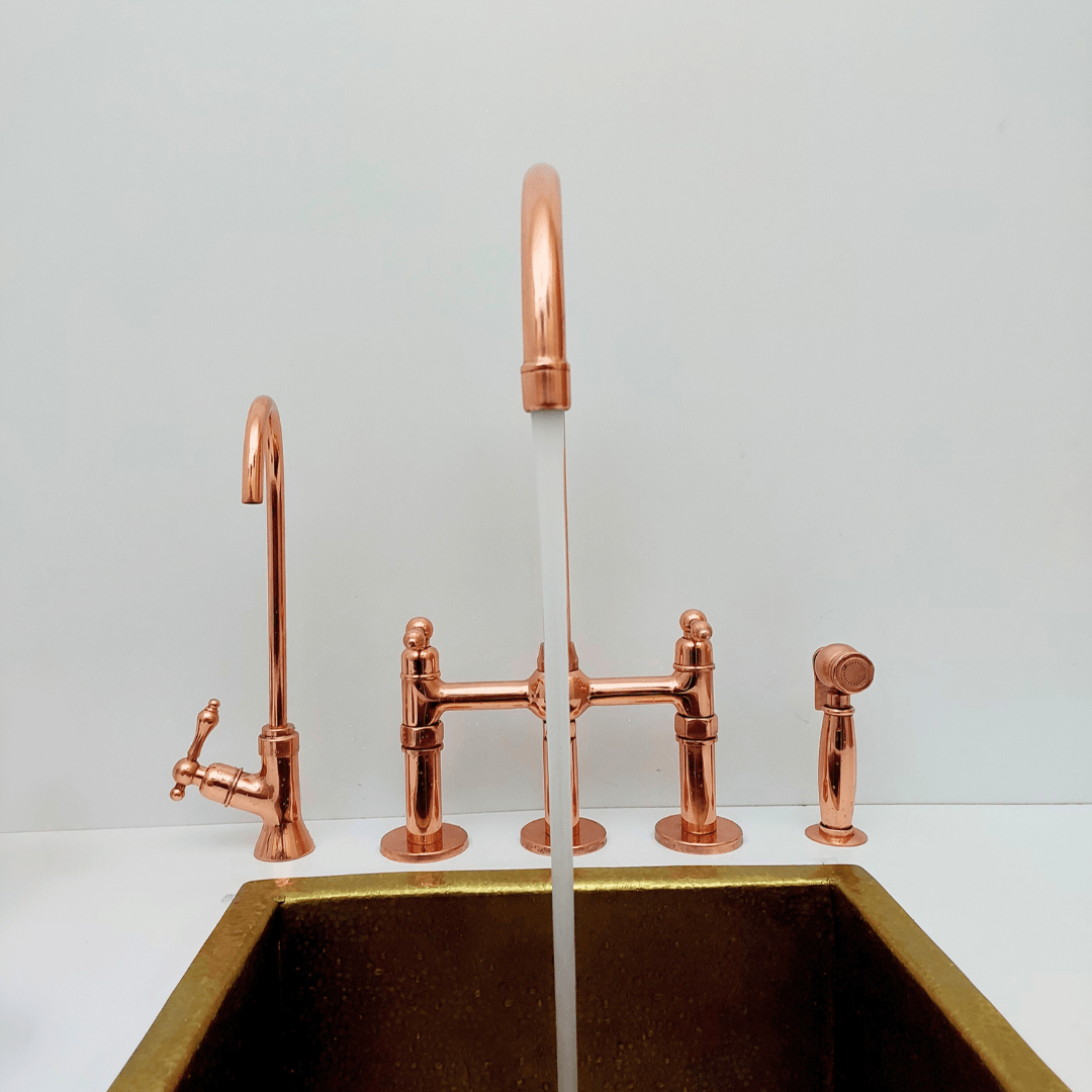 Brass Bridge Faucet with Sprayer and Cold Water Faucet, Polished Copper Finish Kitchen Faucet With Lever Handles - Ref: APLPC-94