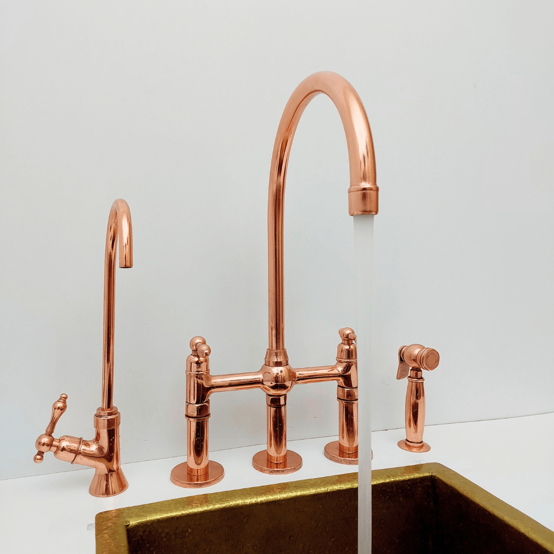 Brass Bridge Faucet with Sprayer and Cold Water Faucet, Polished Copper Finish Kitchen Faucet With Lever Handles - Ref: APLPC-94