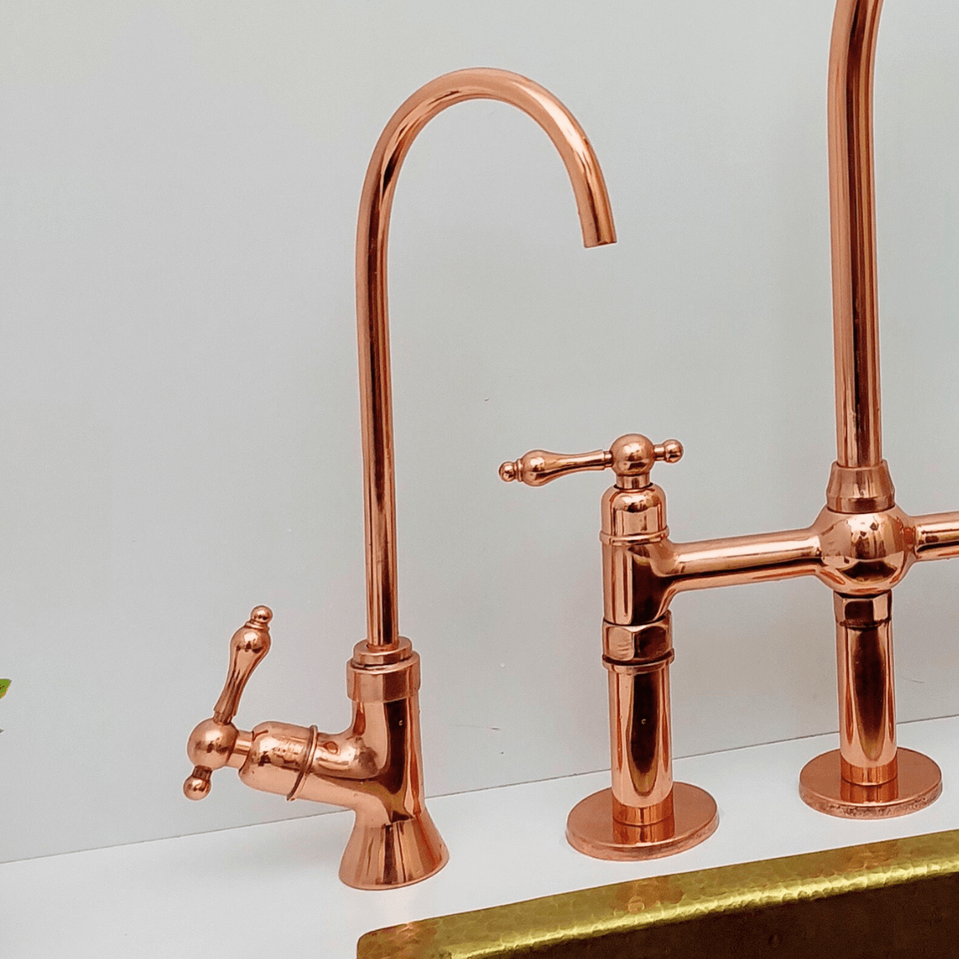 Brass Bridge Faucet with Sprayer and Cold Water Faucet, Polished Copper Finish Kitchen Faucet With Lever Handles - Ref: APLPC-94
