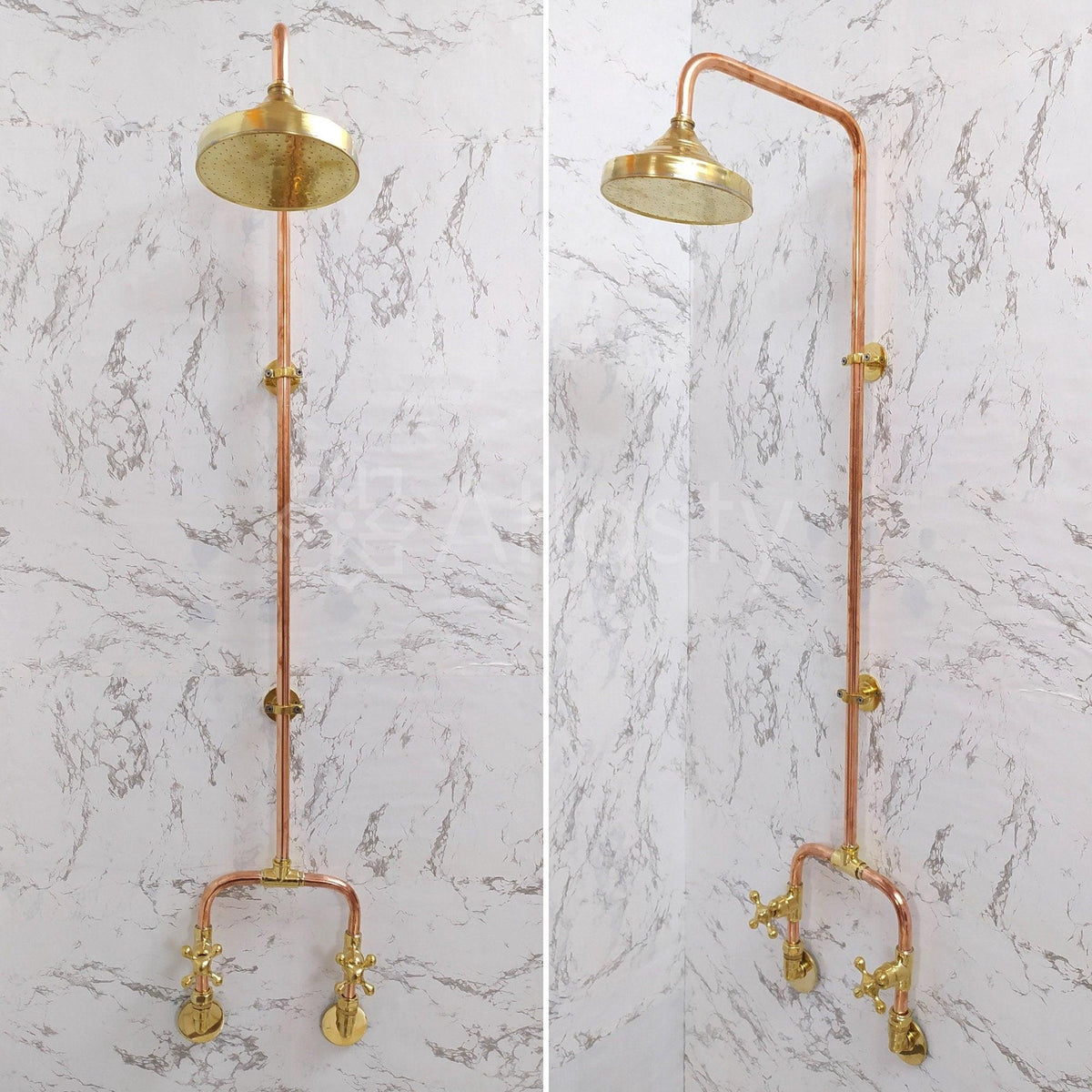 Antique Brass Shower System with Round Shower Head, and 2 Handles - Ref: ATLASS22