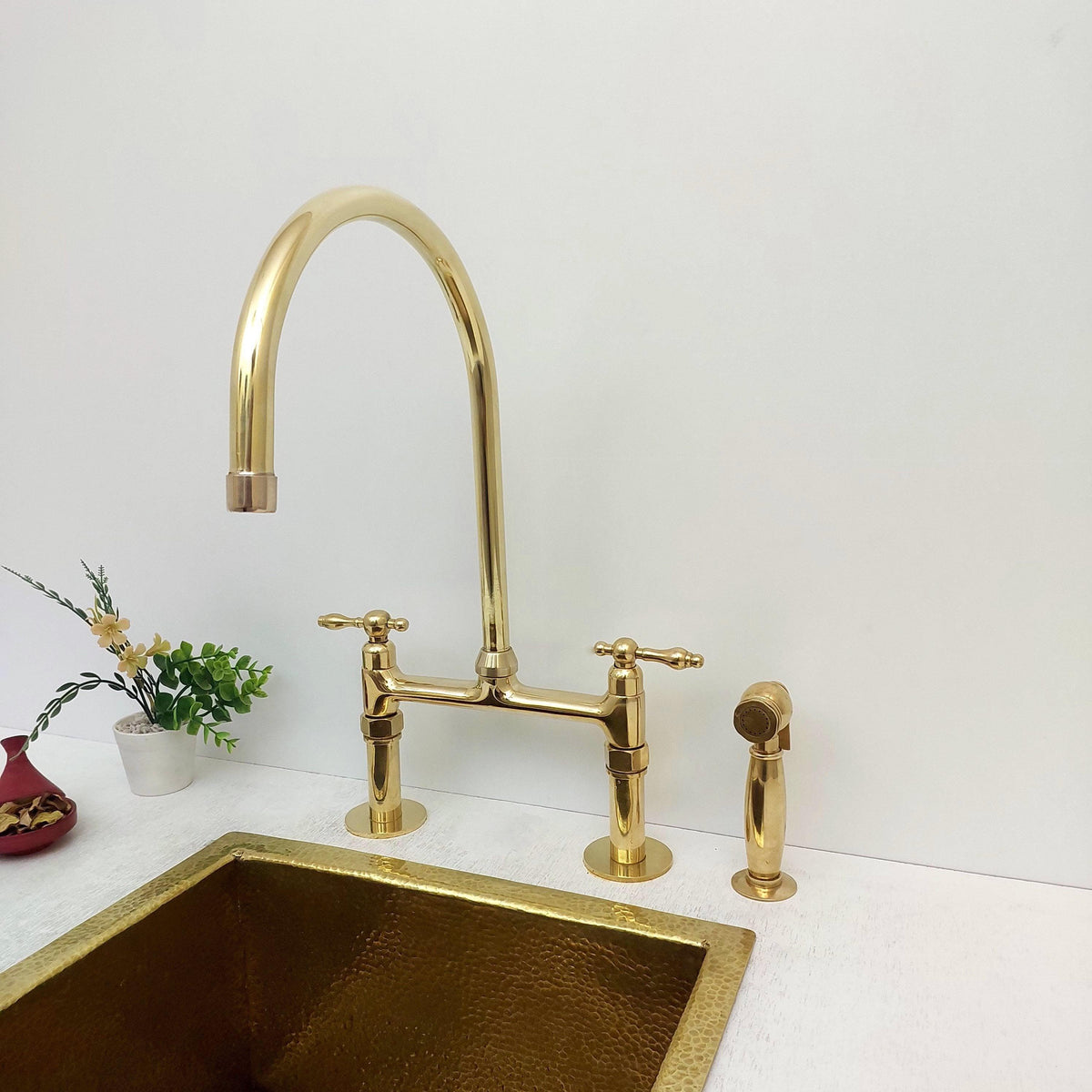 8" Unlacquered Brass Bridge Kitchen Faucet with Sprayer - Ref: APCL-2