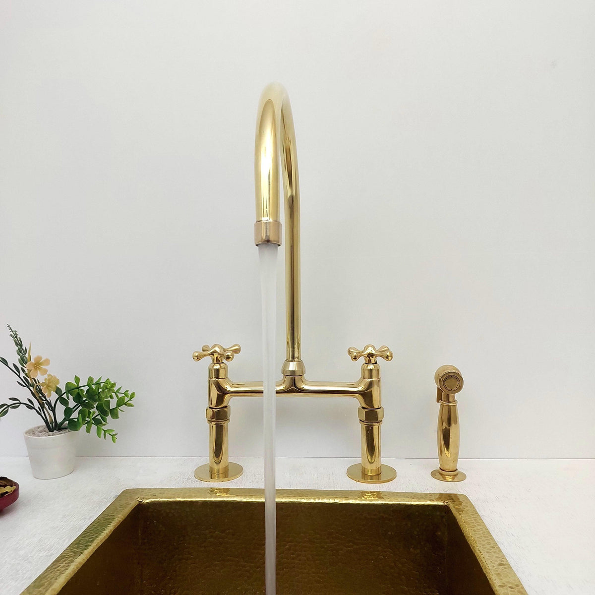 8" Unlacquered Brass Bridge Kitchen Faucet with Sprayer - Ref: APCL-2