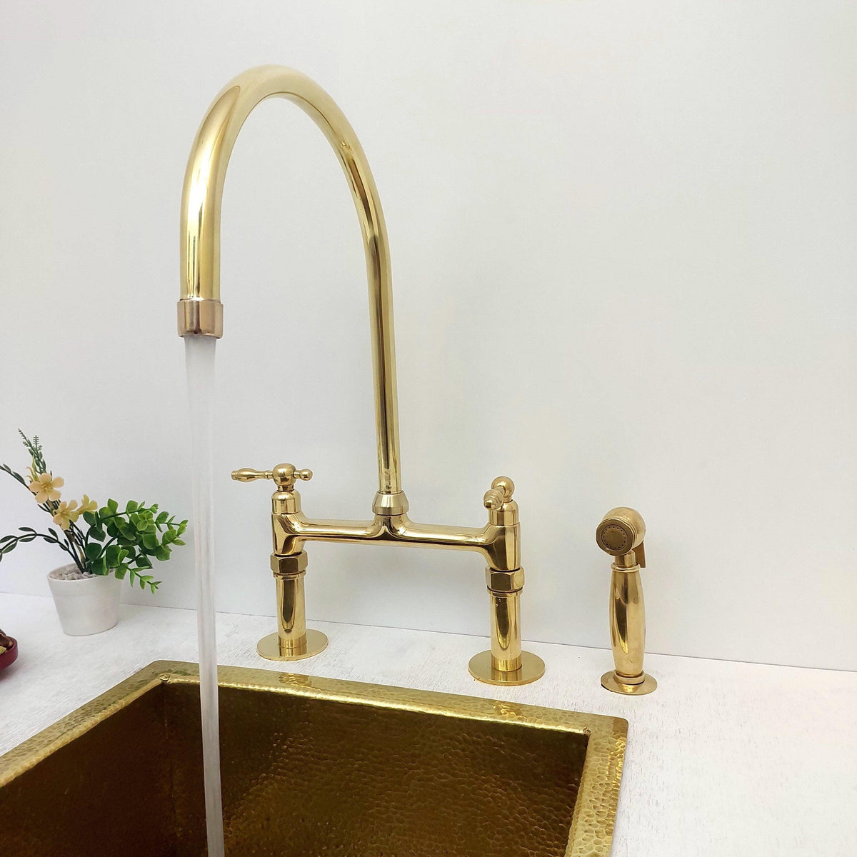 8" Unlacquered Brass Bridge Kitchen Faucet with Sprayer - Ref: APCL-2