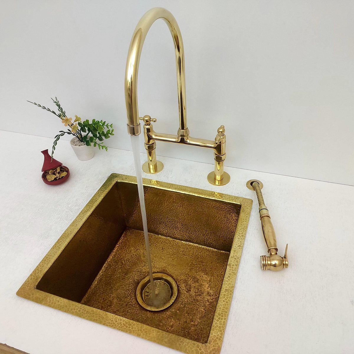 8" Unlacquered Brass Bridge Kitchen Faucet with Sprayer - Ref: APCL-2