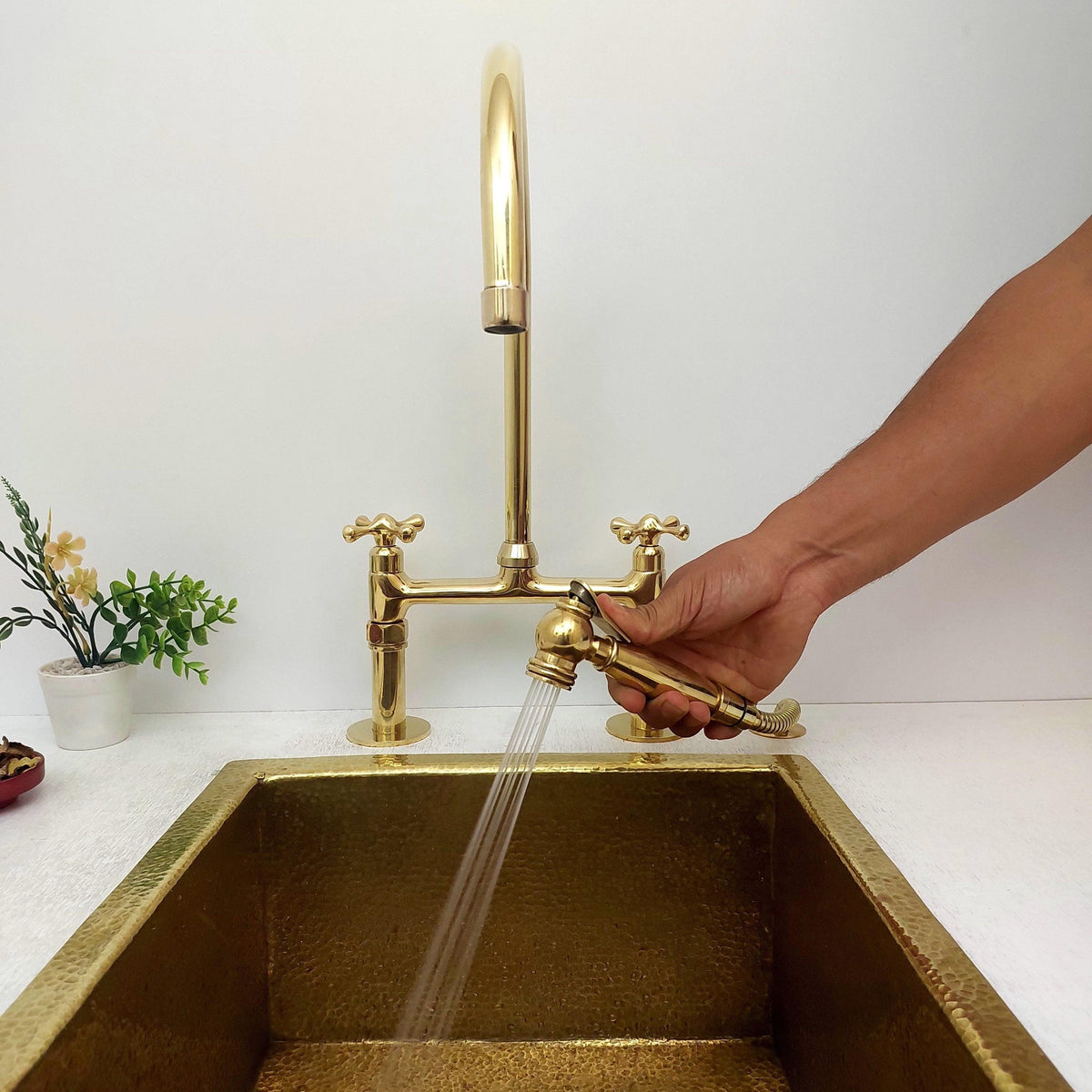 8" Unlacquered Brass Bridge Kitchen Faucet with Sprayer - Ref: APCL-2