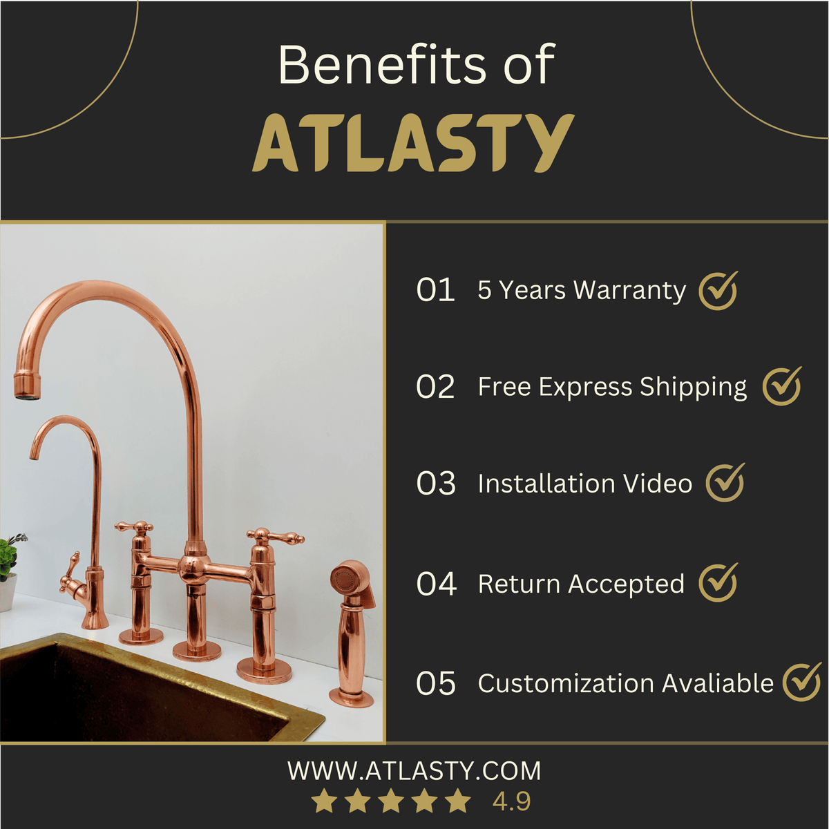 Brass Bridge Faucet with Sprayer and Cold Water Faucet, Polished Copper Finish Kitchen Faucet With Lever Handles - Ref: APLPC-94