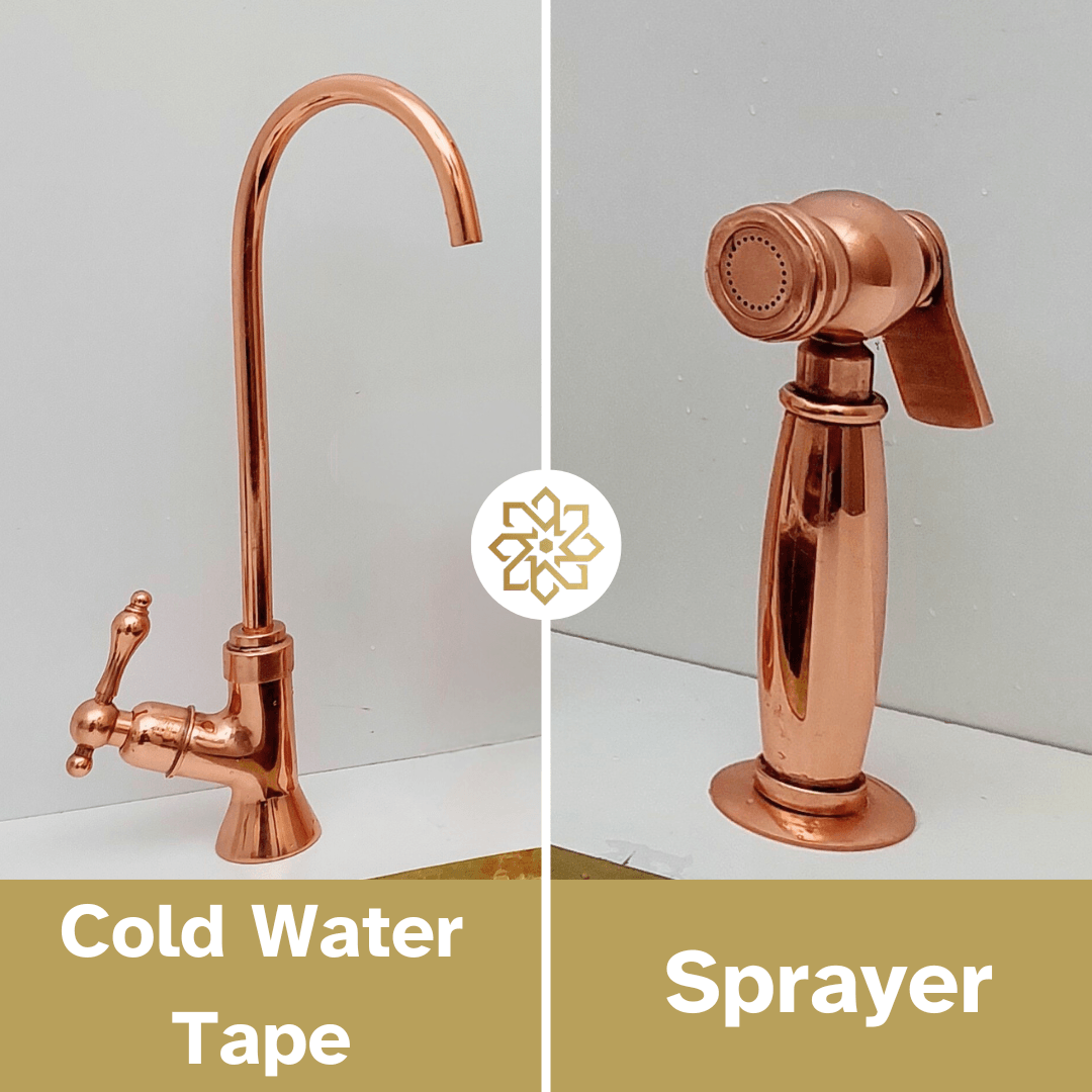Brass Bridge Faucet with Sprayer and Cold Water Faucet, Polished Copper Finish Kitchen Faucet With Lever Handles - Ref: APLPC-94